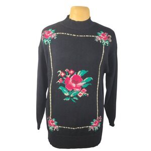 Chinawear by Morsly Vintage Black Floral Rose Knit Sweater Cross Stitch Large